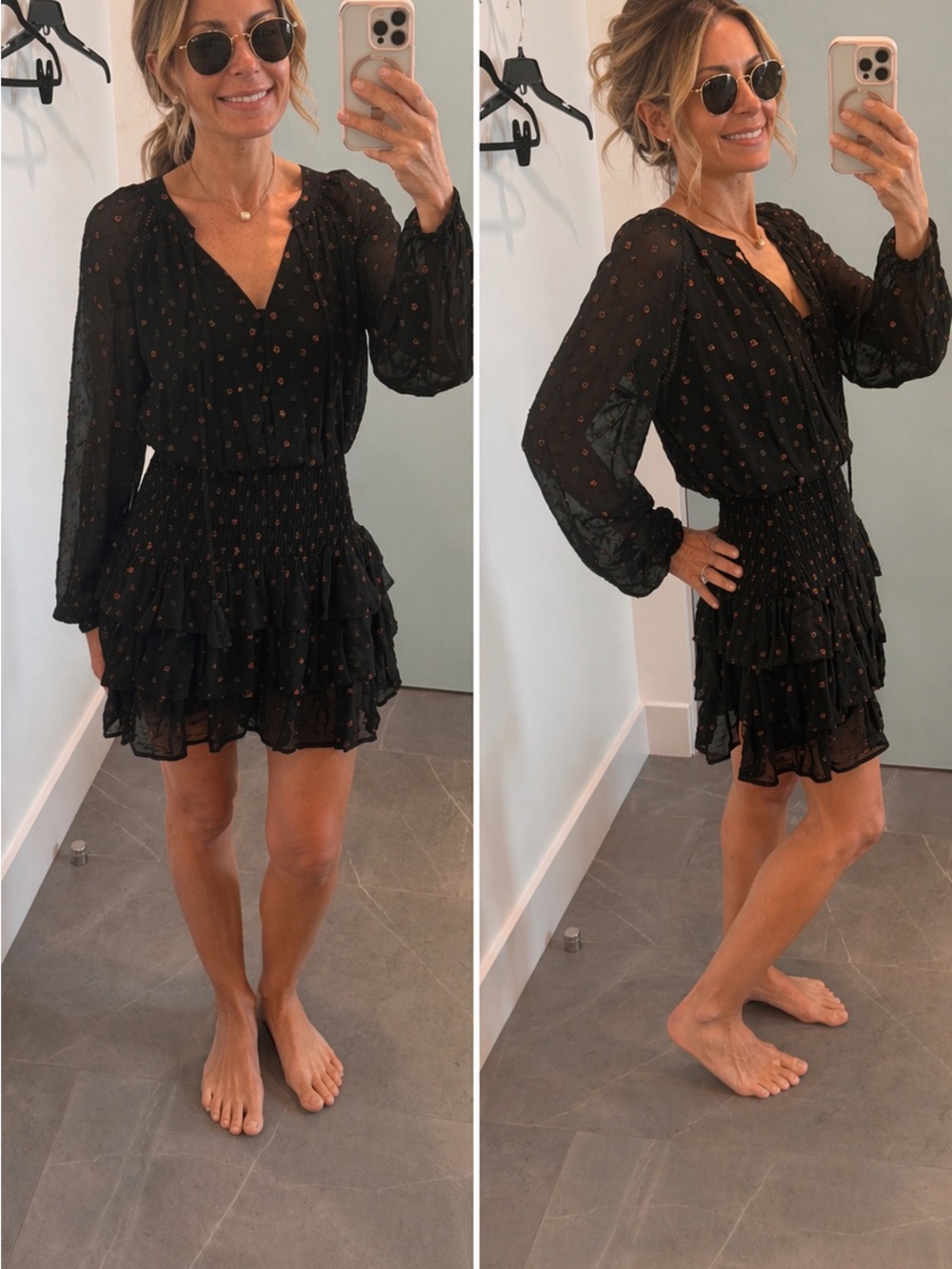 Black Printed Long-Sleeve Smocked Tiered Mini Dress, NWT